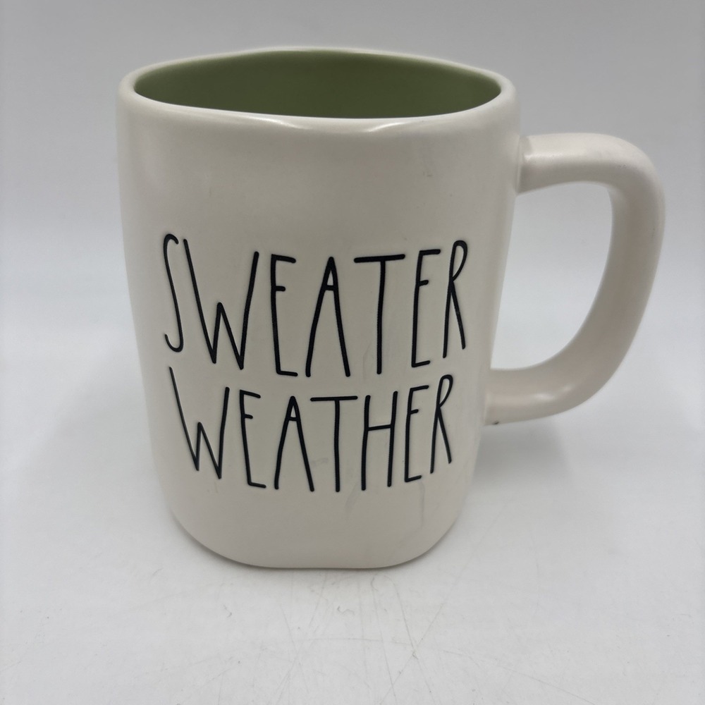 "SWEATER WEATHER" Green Interior Fall Ceramic Coffee Mug by Rae Dunn